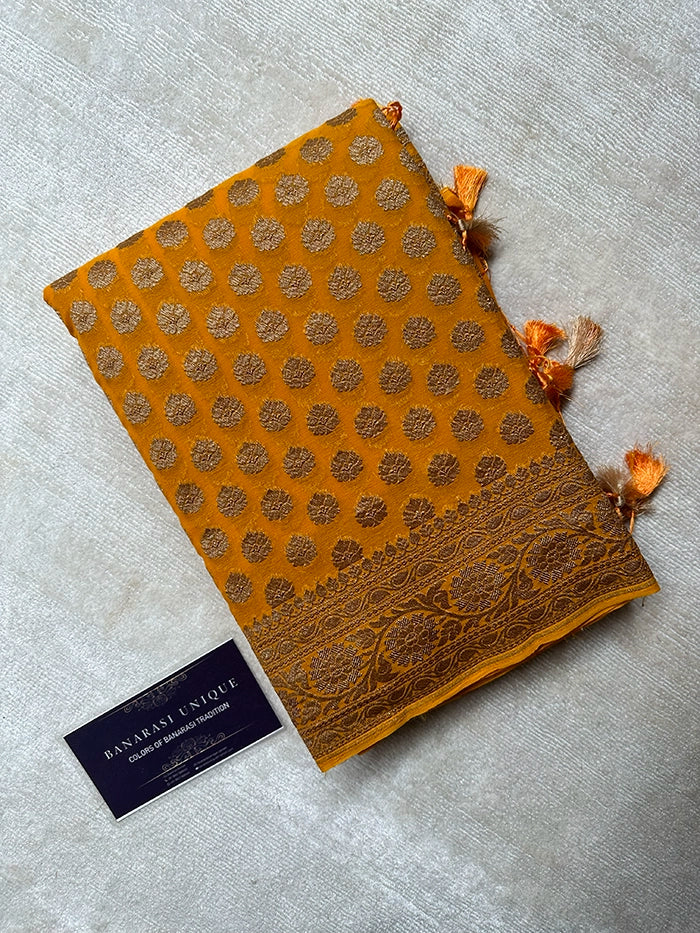 KHADDI GEORGETTE DOLLAR BUTI ANTIQUE ZARI SAREE - MUSTARD