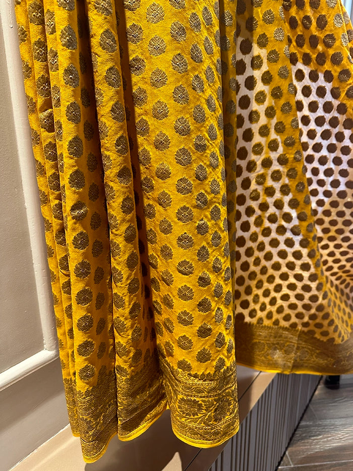 KHADDI GEORGETTE DOLLAR BUTI ANTIQUE ZARI SAREE - MUSTARD