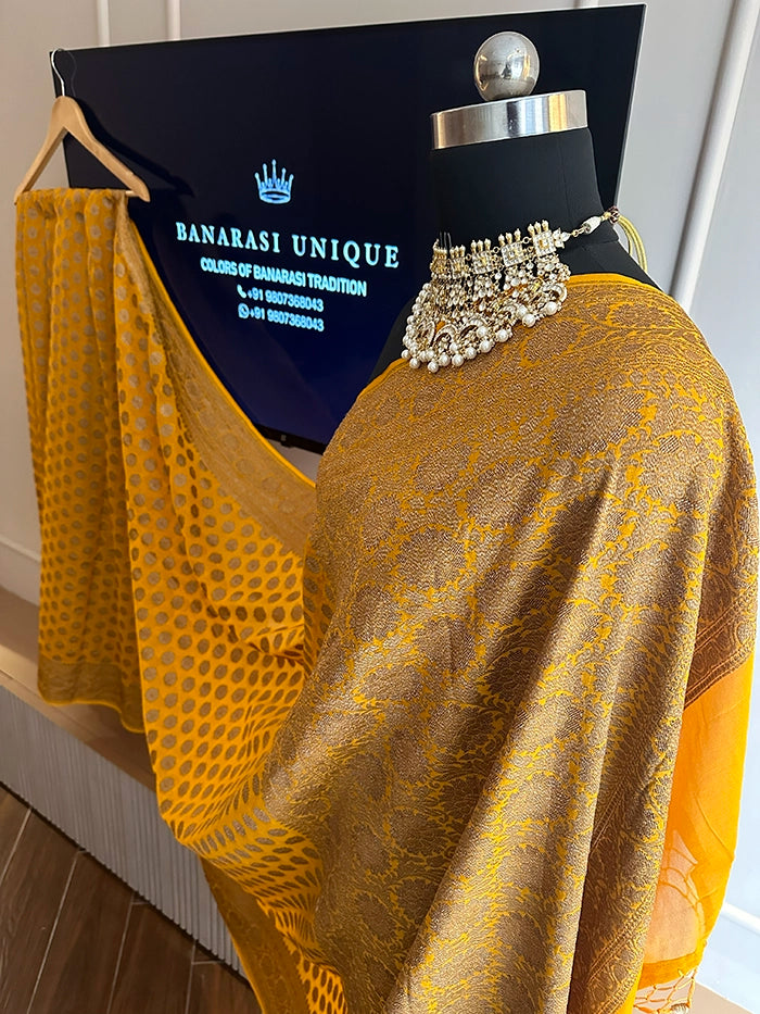KHADDI GEORGETTE DOLLAR BUTI ANTIQUE ZARI SAREE - MUSTARD