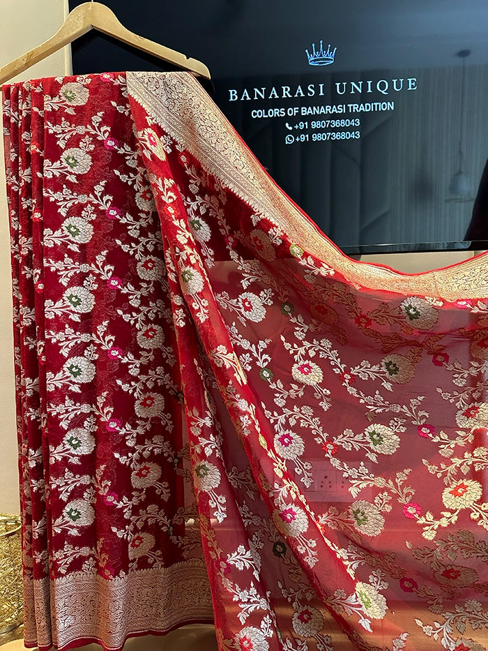 KHADDI GEORGETTE MEENAKARI WATER ZARI SAREE - MAROON