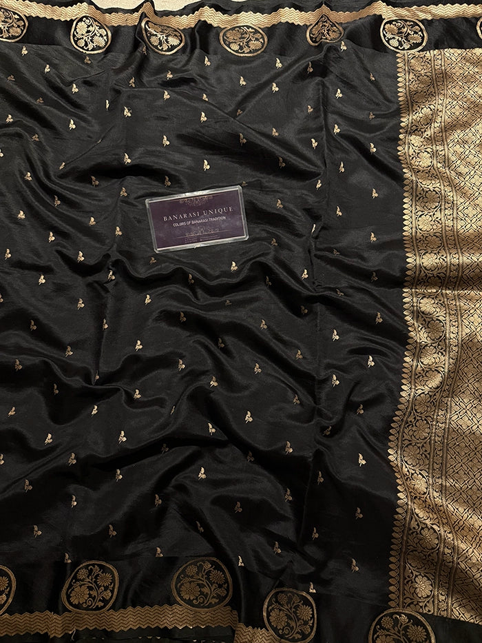 PURE KATAN SILK MEDALLION BORDER SAREE - JET BLACK