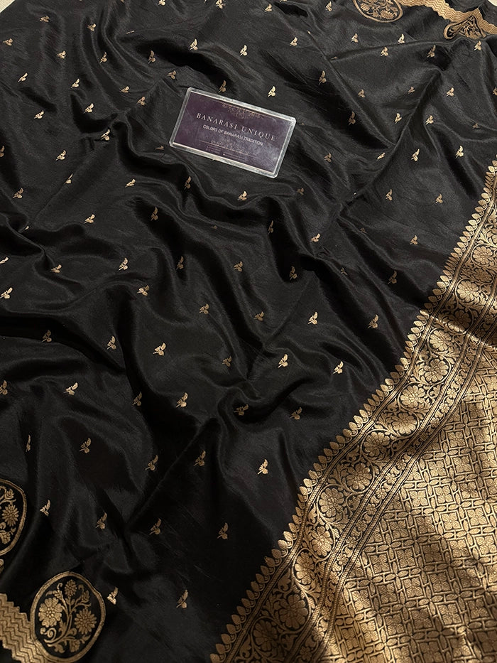 PURE KATAN SILK MEDALLION BORDER SAREE - JET BLACK