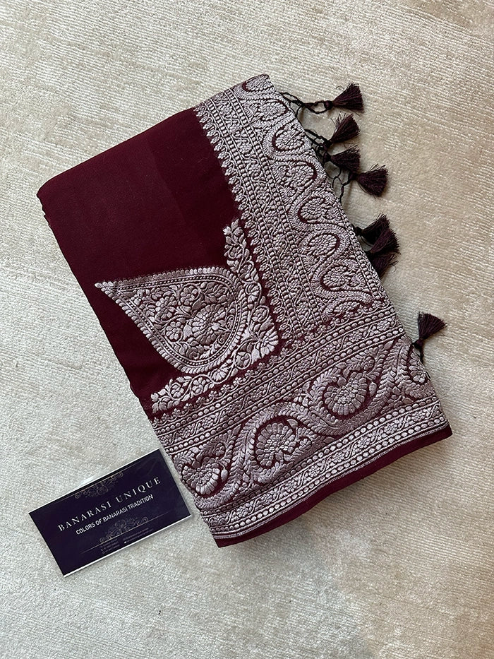 KHADDI GEORGETTE KONIA PLAIN SILVER ZARI SAREE - AS SHOWN