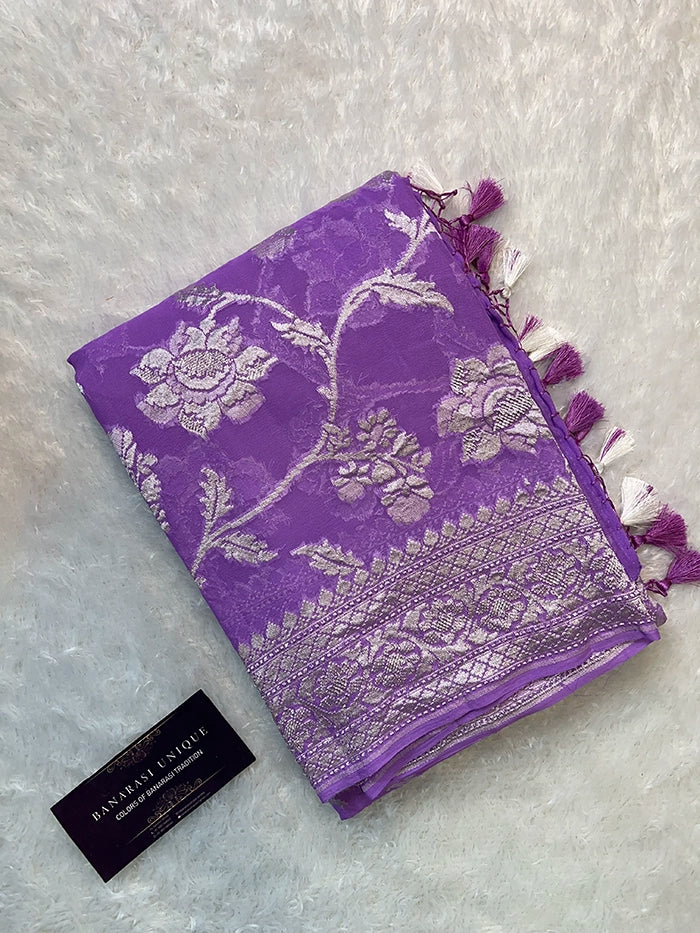 KHADDI GEORGETTE BIG FLORAL JAAL WATER ZARI SAREE - LAVENDER