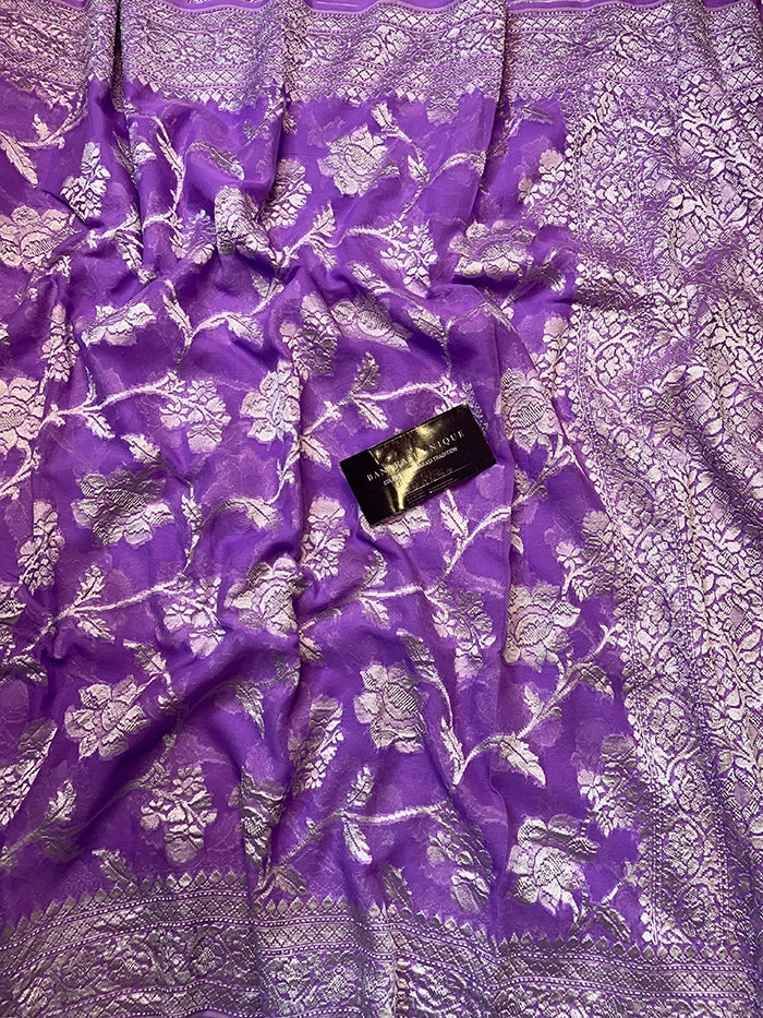 KHADDI GEORGETTE BIG FLORAL JAAL WATER ZARI SAREE - LAVENDER