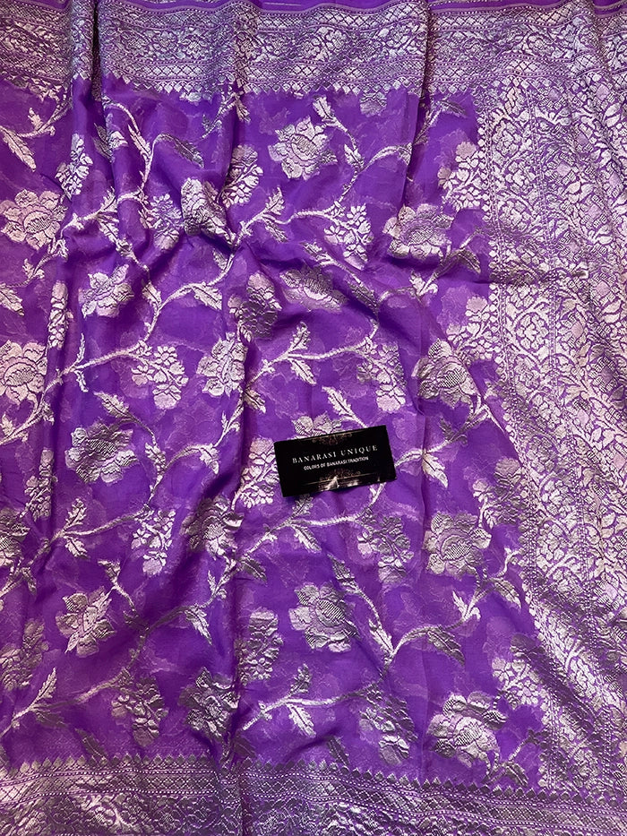 KHADDI GEORGETTE BIG FLORAL JAAL WATER ZARI SAREE - LAVENDER