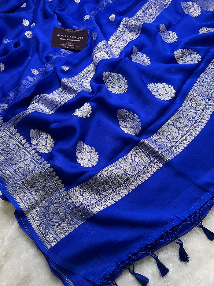 KHADDI CHIFFON SILVER ZARI KADHUWA SAREE - ROYAL BLUE