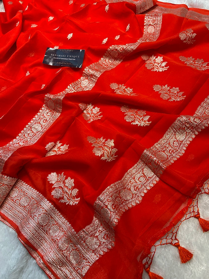 KHADDI CHIFFON SILVER ZARI KADHUWA SAREE - ORANGE