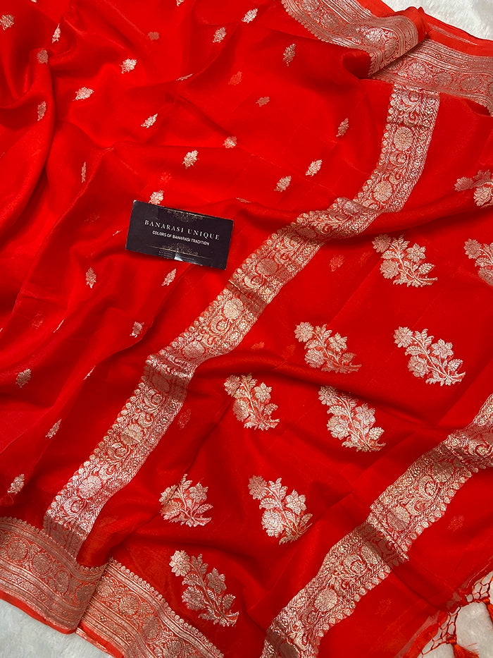 KHADDI CHIFFON SILVER ZARI KADHUWA SAREE - ORANGE