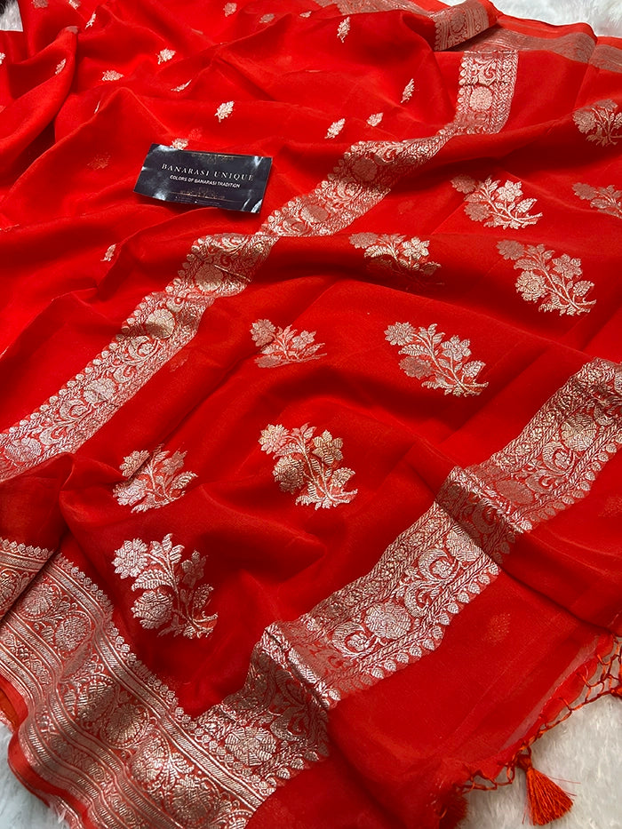 KHADDI CHIFFON SILVER ZARI KADHUWA SAREE - ORANGE