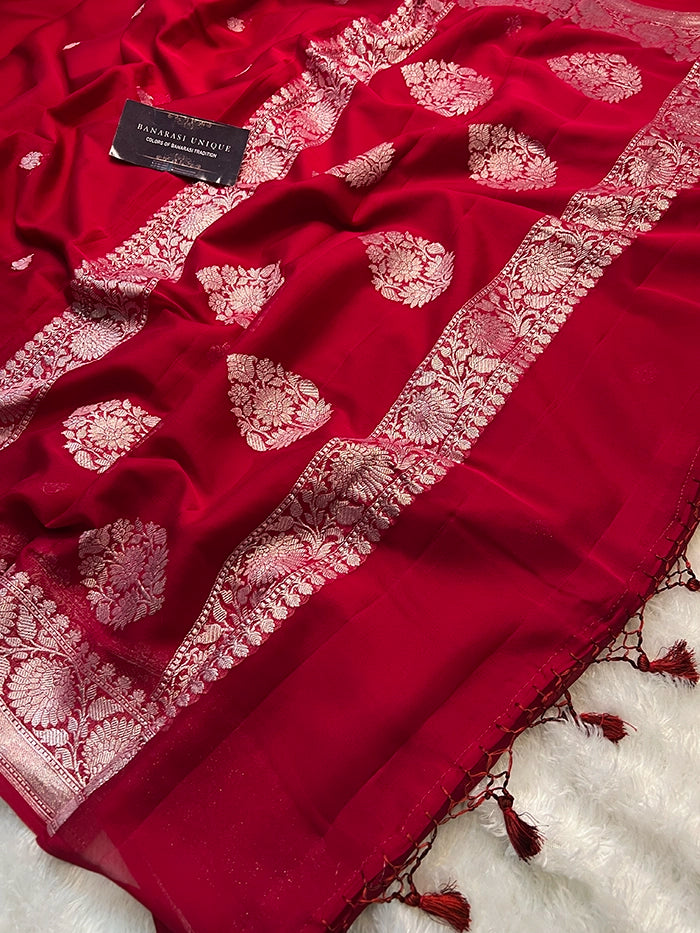 KHADDI CHIFFON SILVER ZARI KADHUWA SAREE - MAROON