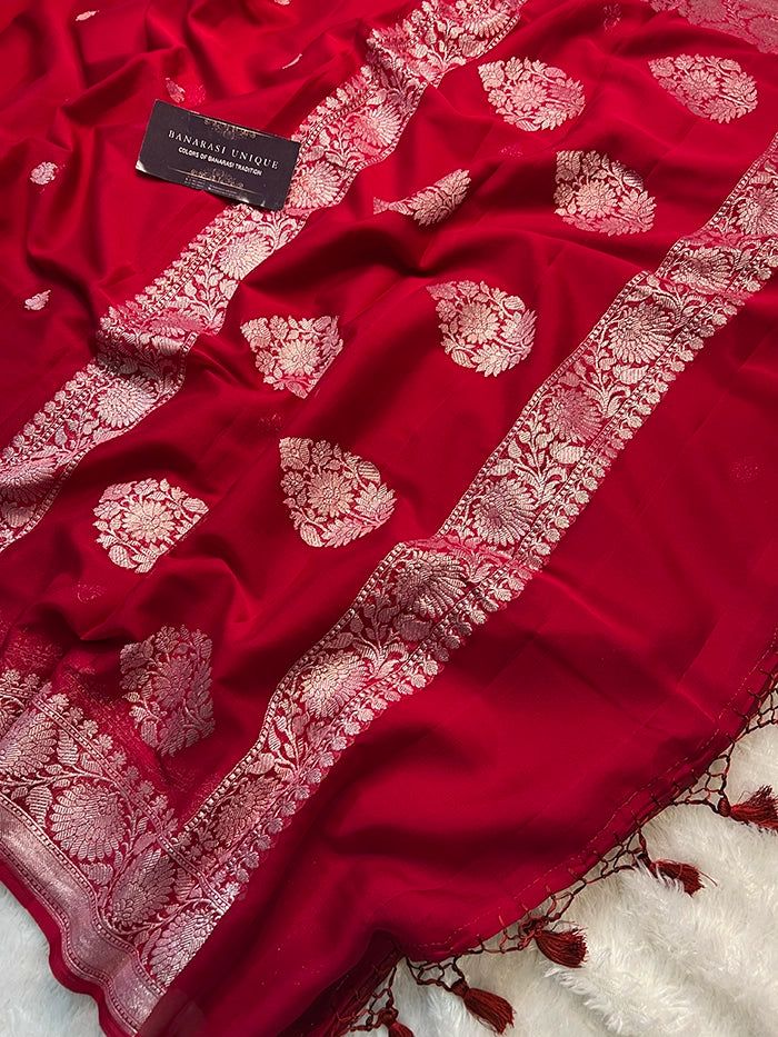 KHADDI CHIFFON SILVER ZARI KADHUWA SAREE - MAROON