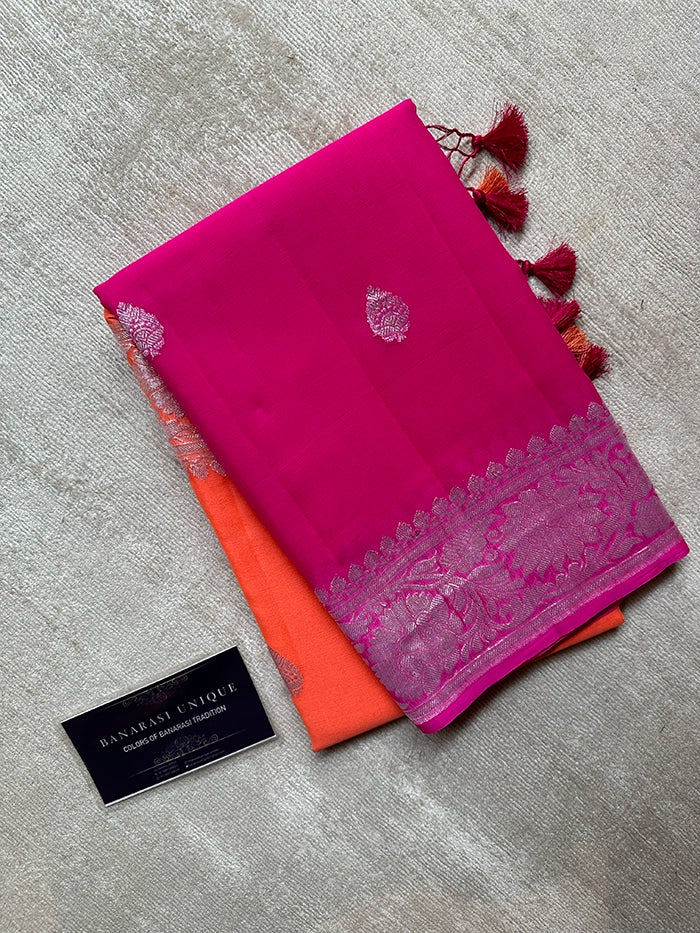 KHADDI CHIFFON SILVER ZARI KADHUWA SAREE - DUAL SHADE 2D ORANGE WITH PINK