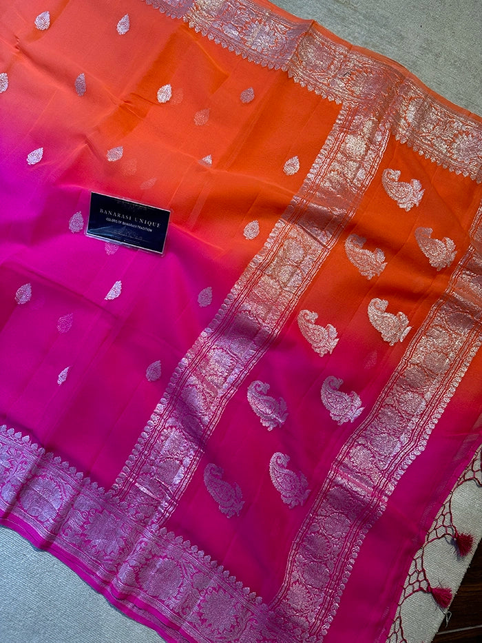 KHADDI CHIFFON SILVER ZARI KADHUWA SAREE - DUAL SHADE 2D ORANGE WITH PINK