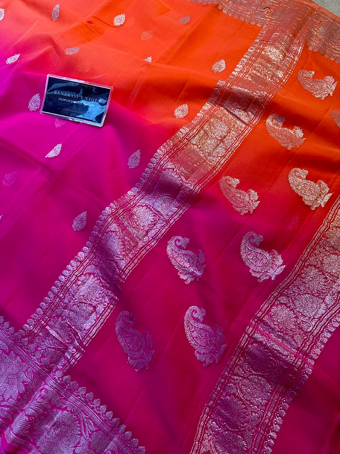 KHADDI CHIFFON SILVER ZARI KADHUWA SAREE - DUAL SHADE 2D ORANGE WITH PINK