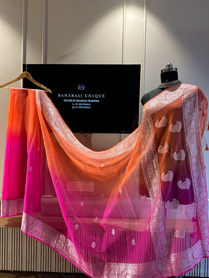 KHADDI CHIFFON SILVER ZARI KADHUWA SAREE - DUAL SHADE 2D ORANGE WITH PINK