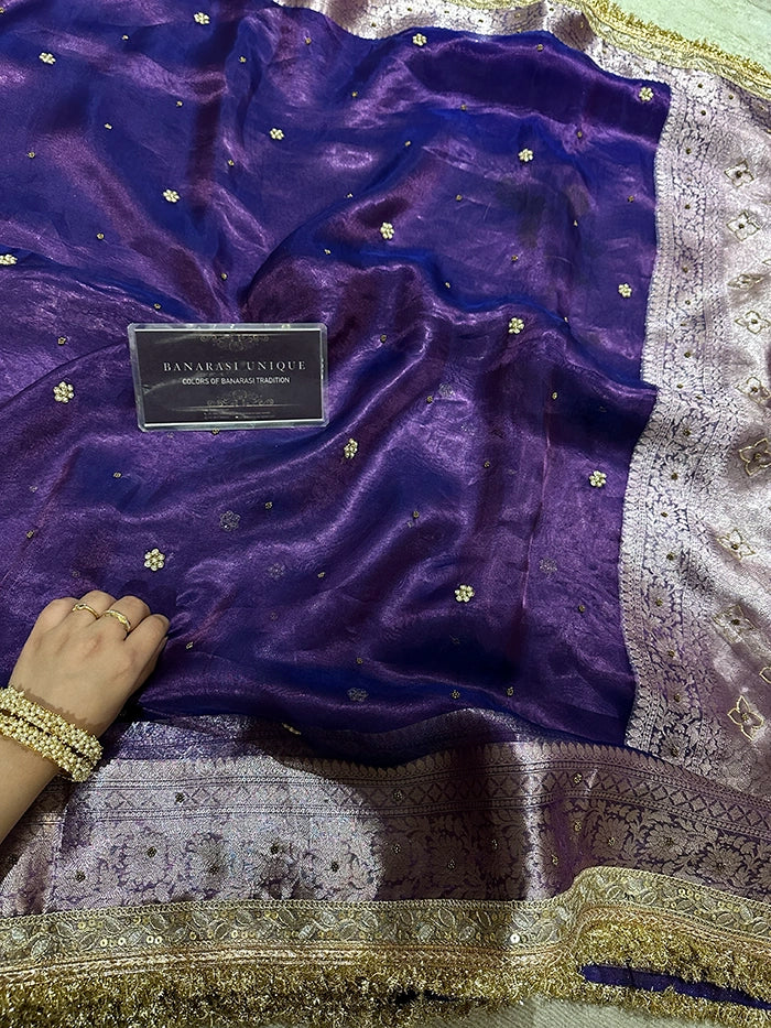 PLAIN FLORAL BUTI SAREE - PURPLE