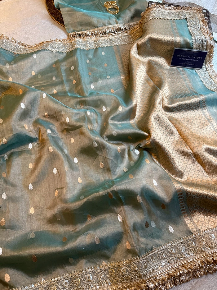 PURE TISSUE SILK KADHUA BOOTI SAREE - SEA GREEN