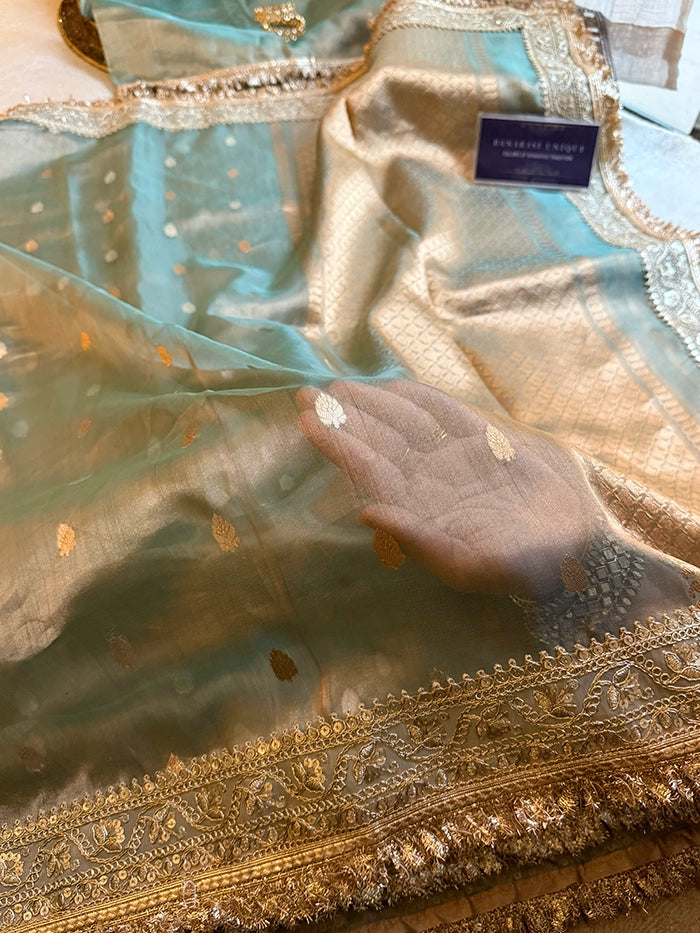 PURE TISSUE SILK KADHUA BOOTI SAREE - SEA GREEN