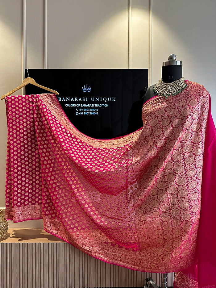 KHADDI GEORGETTE DOLLAR BUTI GOLD ZARI SAREE - FUCHSIA PINK