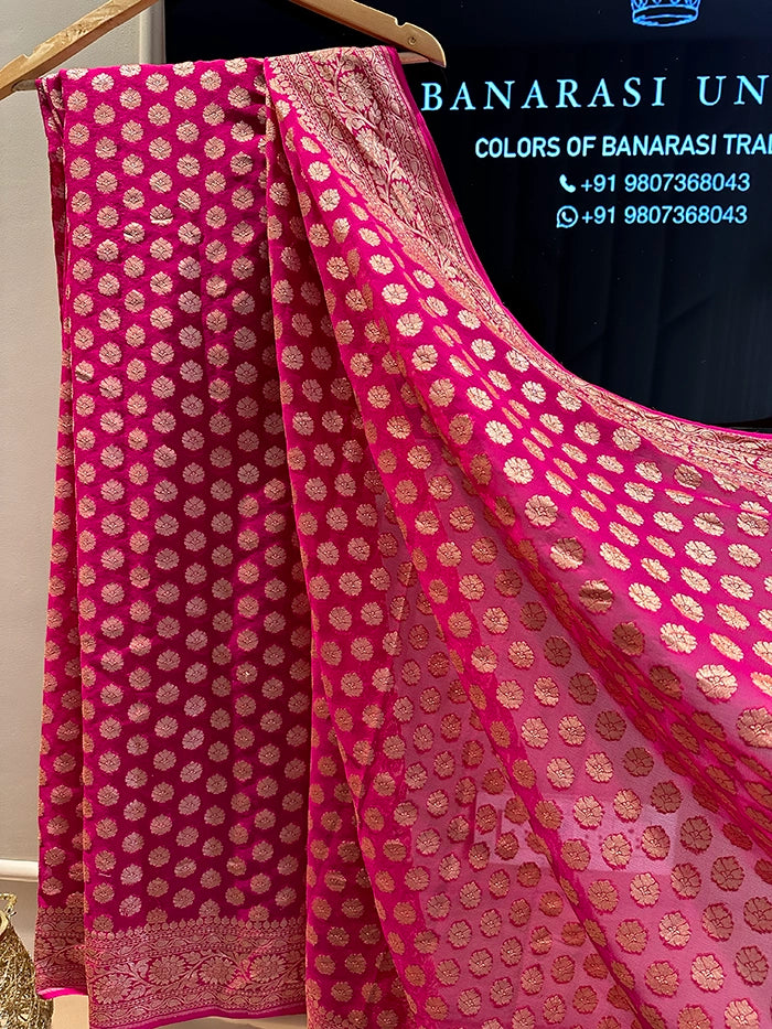 KHADDI GEORGETTE DOLLAR BUTI GOLD ZARI SAREE - FUCHSIA PINK