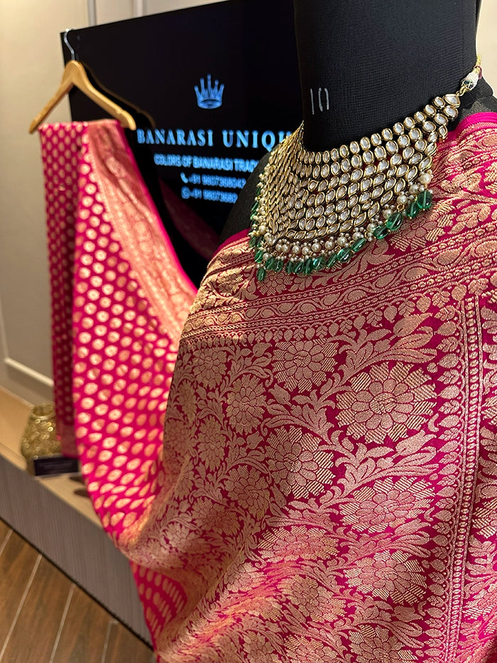 KHADDI GEORGETTE DOLLAR BUTI GOLD ZARI SAREE - FUCHSIA PINK