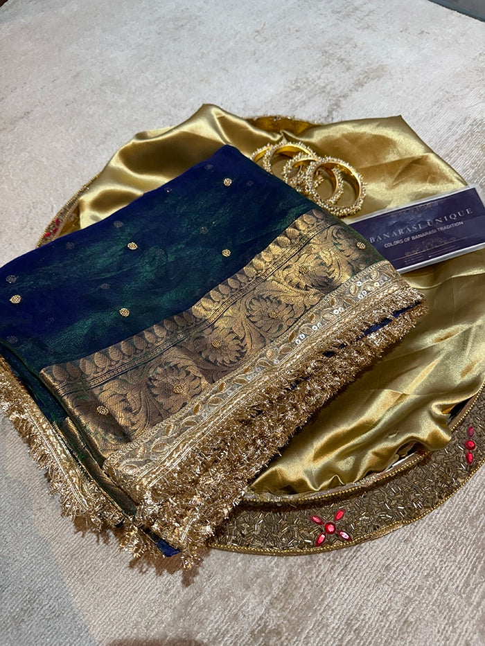 PLAIN KATDANA BUTI SAREE - DHOOP CHAAV BLUE-GREEN