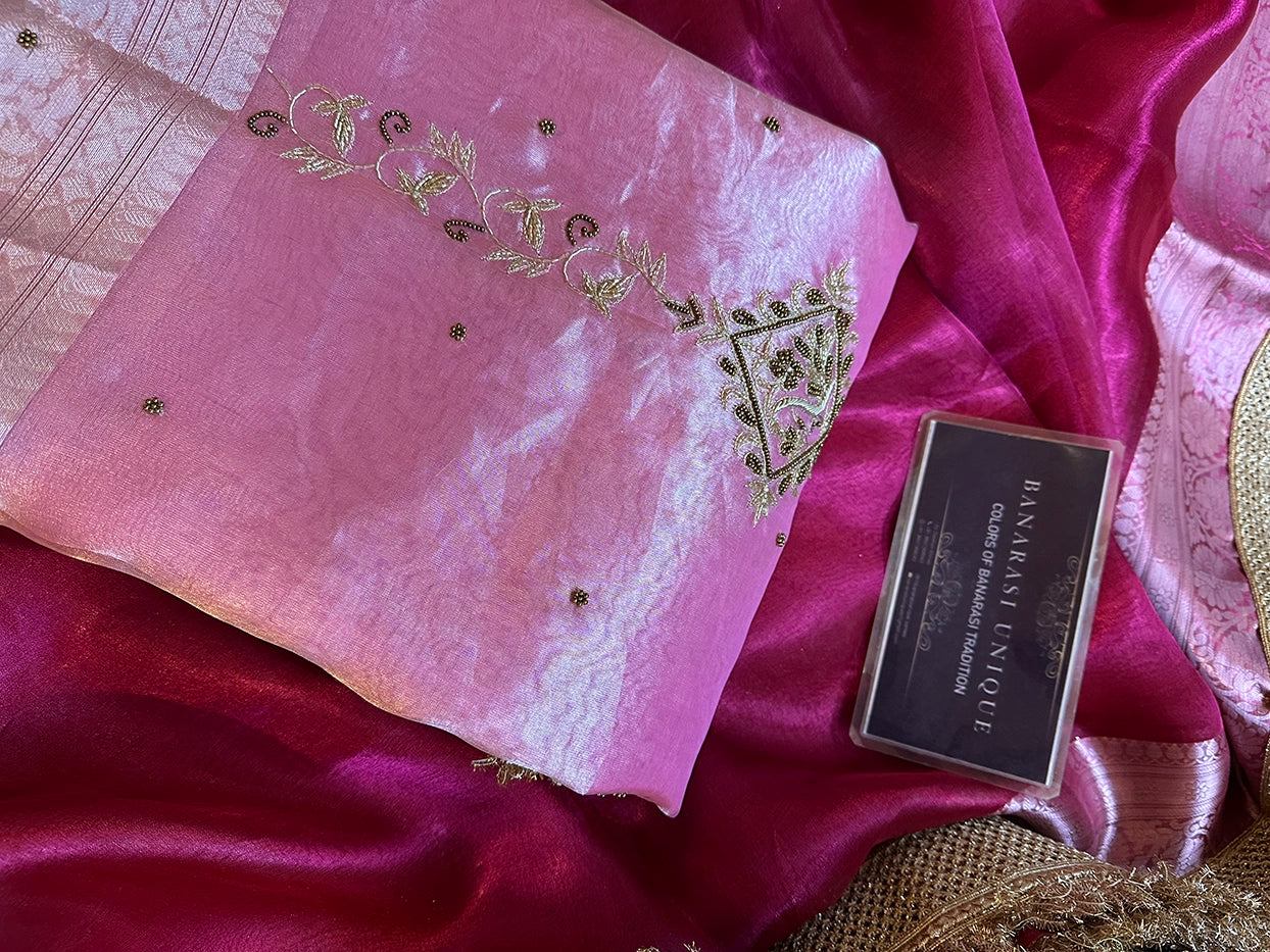 VERTICAL FLORAL PURE TISSUE SAREE - BABY PINK