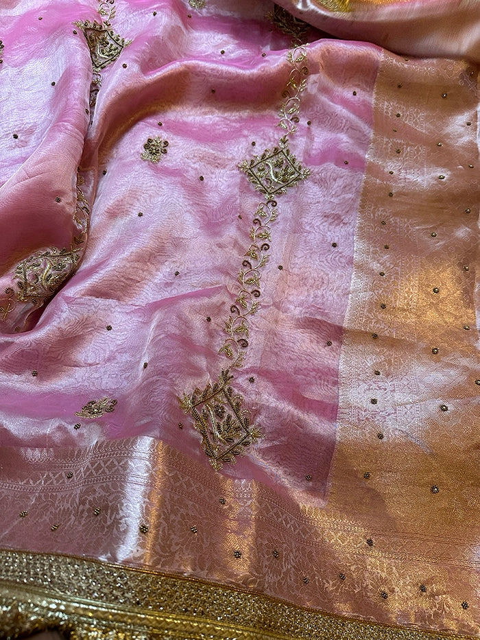 VERTICAL FLORAL PURE TISSUE SAREE - BABY PINK