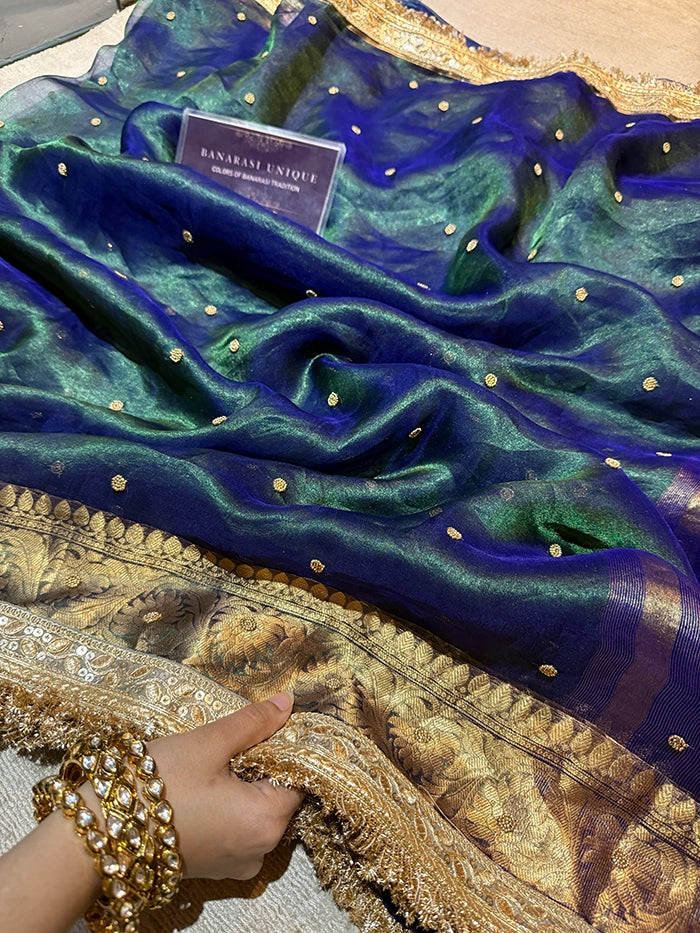 PLAIN KATDANA BUTI SAREE - DHOOP CHAAV BLUE-GREEN