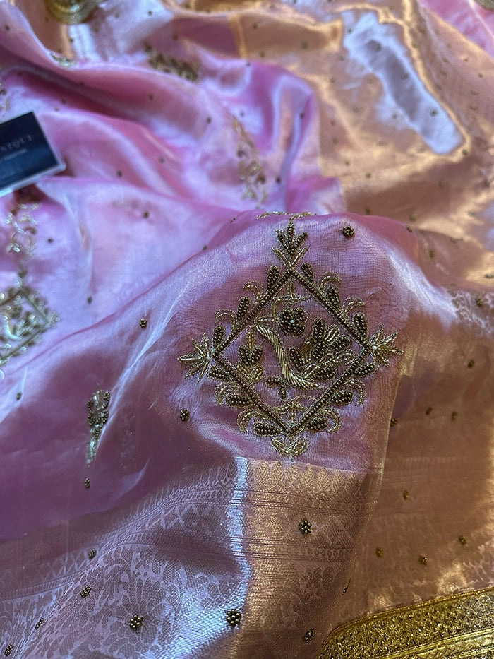 VERTICAL FLORAL PURE TISSUE SAREE - BABY PINK