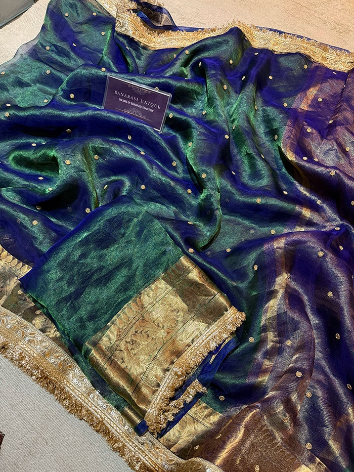 PLAIN KATDANA BUTI SAREE - DHOOP CHAAV BLUE-GREEN