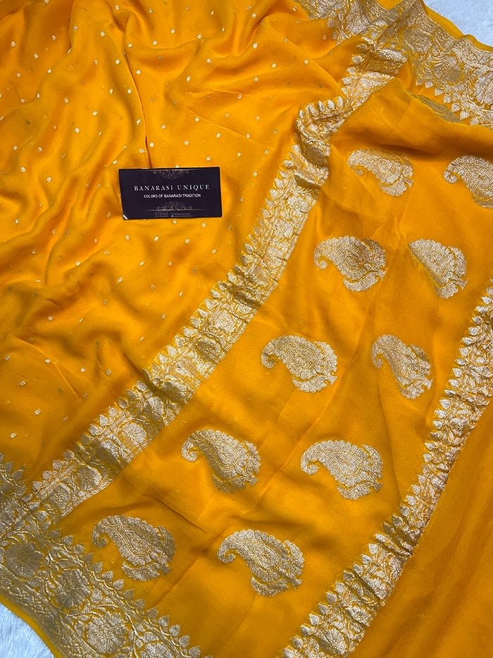 KHADDI CHIFFON HAZARA BUTI SAREE - MUSTARD