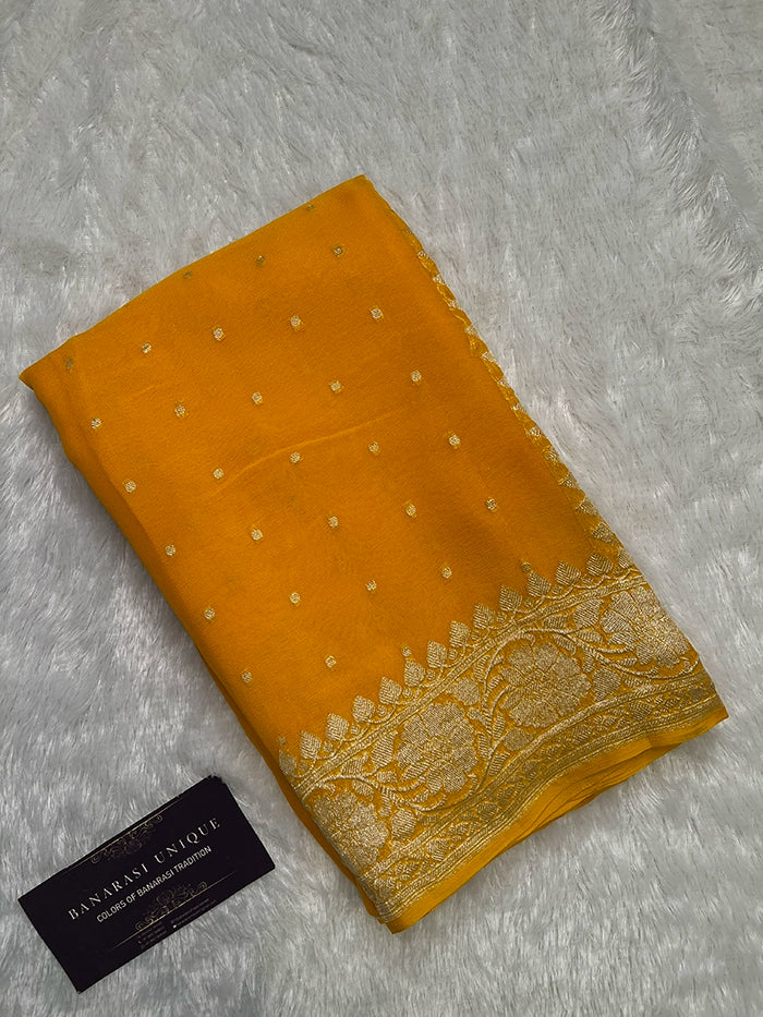 KHADDI CHIFFON HAZARA BUTI SAREE - MUSTARD