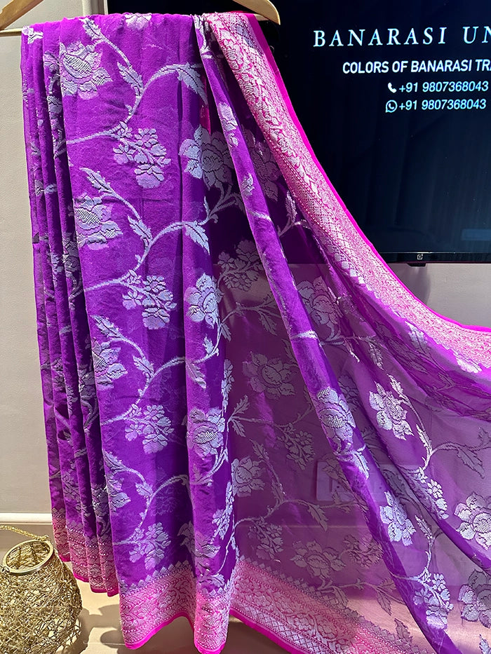 KHADDI GEORGETTE BIG FLORAL JAAL WATER ZARI SAREE - CONTRAST BORDER LAVENDER WITH PINK