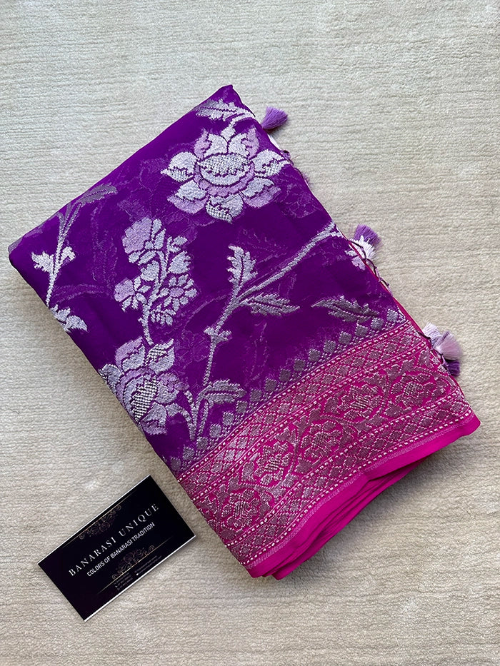 KHADDI GEORGETTE BIG FLORAL JAAL WATER ZARI SAREE - CONTRAST BORDER LAVENDER WITH PINK