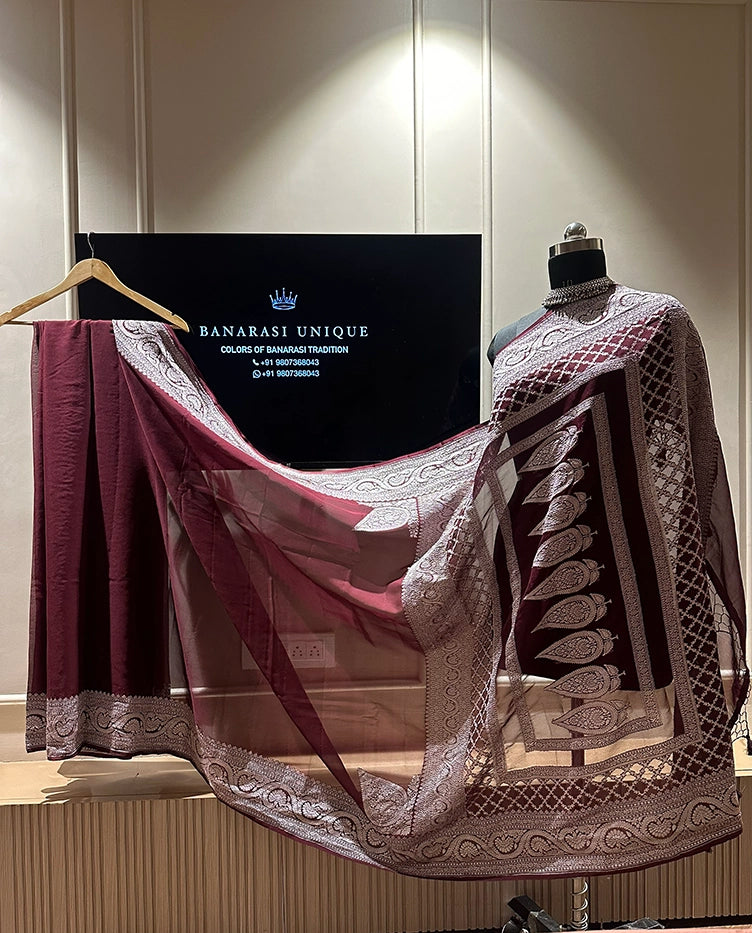 KHADDI GEORGETTE KONIA PLAIN SILVER ZARI SAREE - AS SHOWN