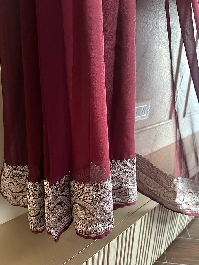 KHADDI GEORGETTE KONIA PLAIN SILVER ZARI SAREE - AS SHOWN