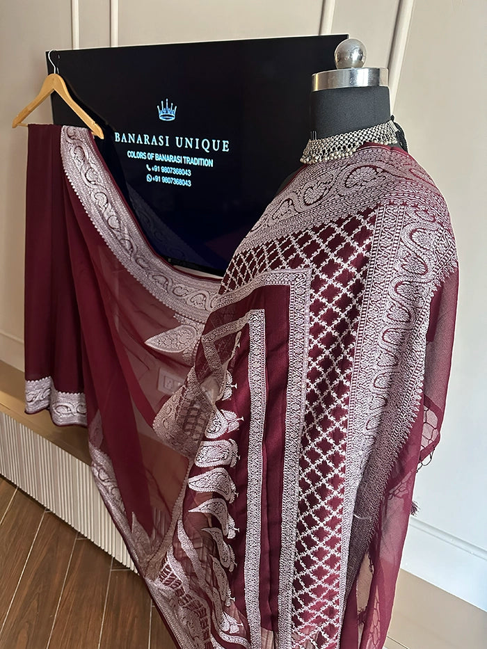 KHADDI GEORGETTE KONIA PLAIN SILVER ZARI SAREE - AS SHOWN