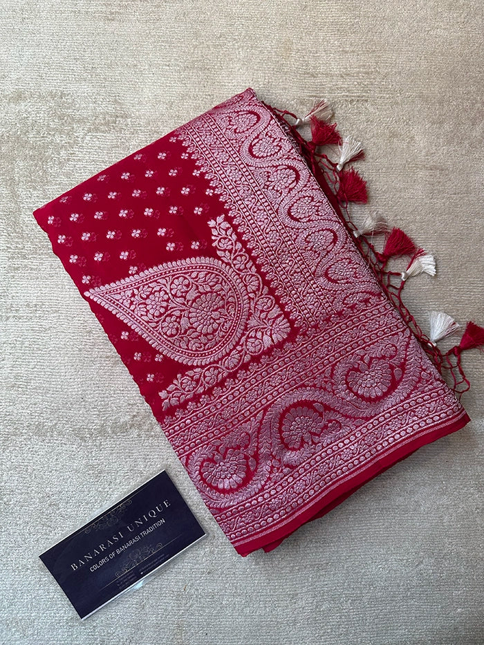 KHADDI GEORGETTE KONIA FOUR-PETAL BUTI SILVER ZARI SAREE - RUBY MAGENTA