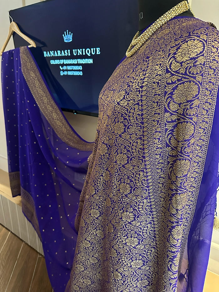 KHADDI GEORGETTE SKIRT BORDER CIRCLE BUTI ANTIQUE ZARI SAREE - ROYAL BLUE
