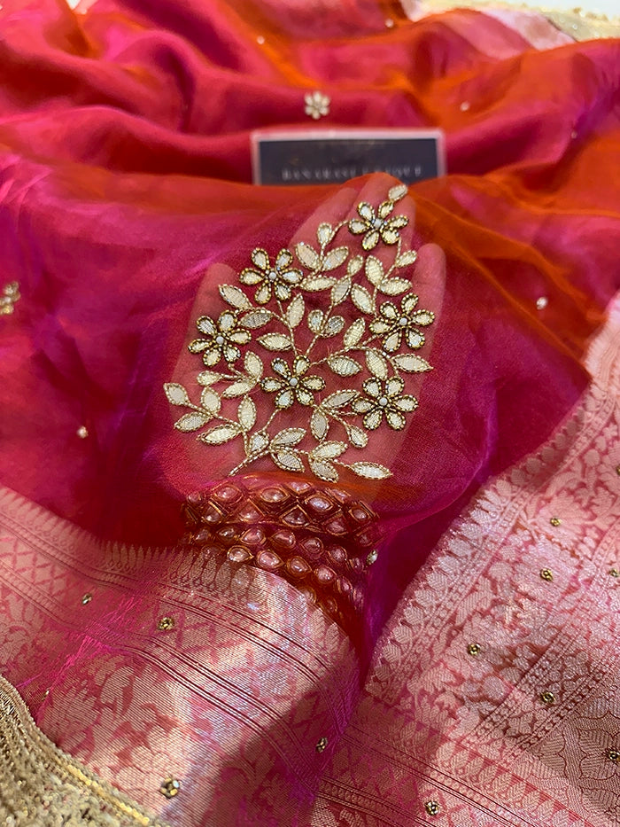 LEAF EFFECT PURE TISSUE - DHOOP CHAAV PINK-ORANGE