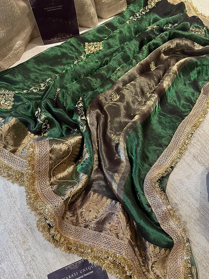 VERTICAL FLORAL PURE TISSUE SAREE - BOTTLE GREEN