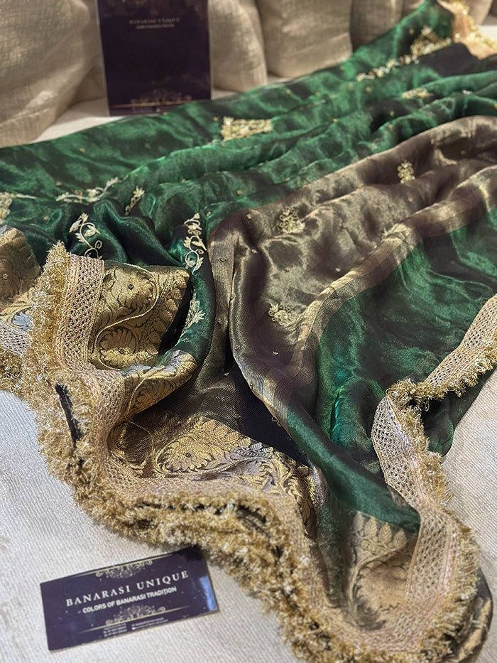 VERTICAL FLORAL PURE TISSUE SAREE - BOTTLE GREEN