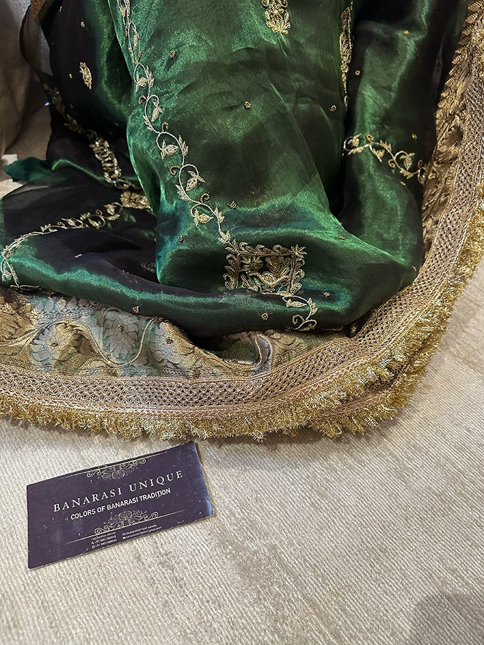 VERTICAL FLORAL PURE TISSUE SAREE - BOTTLE GREEN