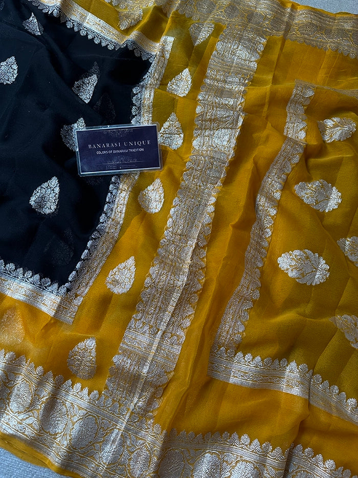 KHADDI CHIFFON DOUBLE BORDER SAREE - CONTRAST BORDER BLACK WITH MUSTARD