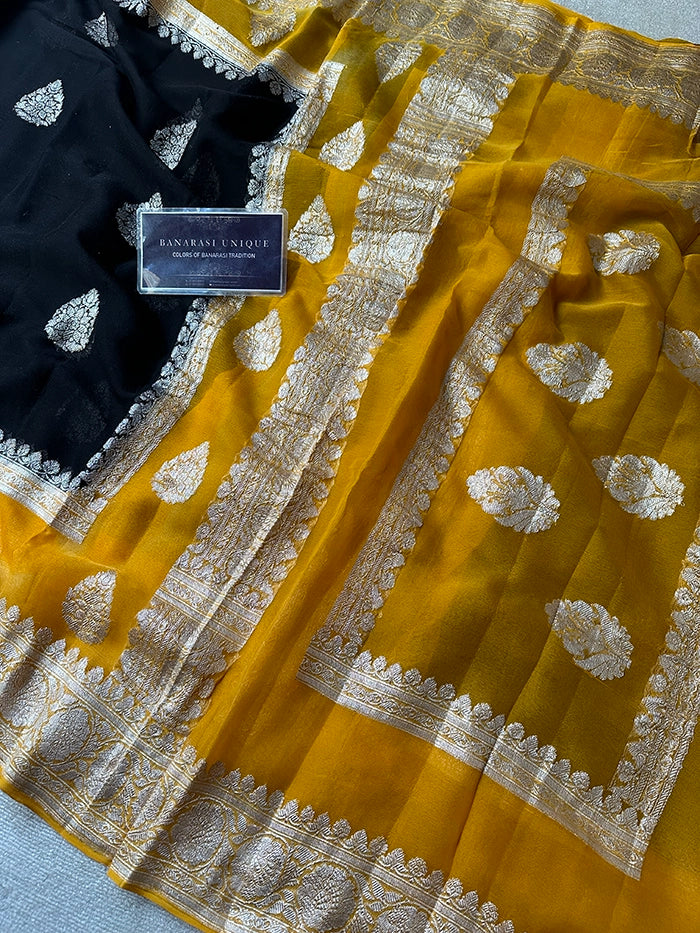 KHADDI CHIFFON DOUBLE BORDER SAREE - CONTRAST BORDER BLACK WITH MUSTARD