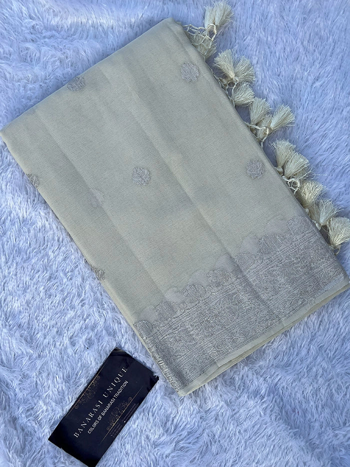 KHADDI CHIFFON SILVER ZARI KADHUWA SAREE - IVORY-WHITE