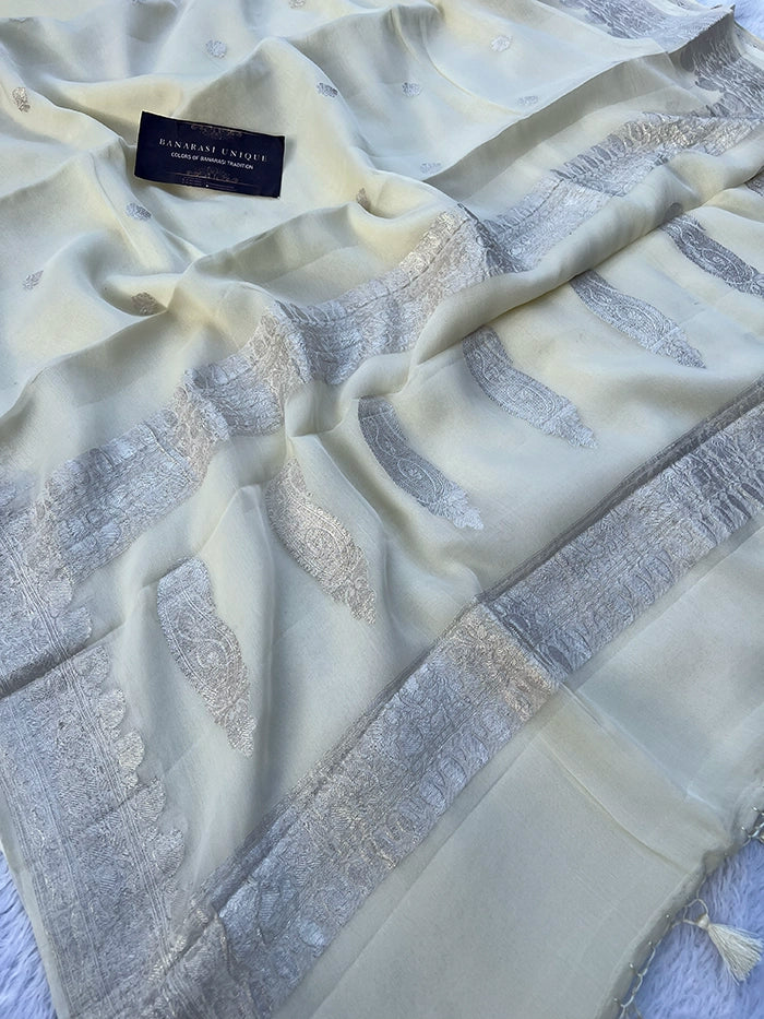 KHADDI CHIFFON SILVER ZARI KADHUWA SAREE - IVORY-WHITE