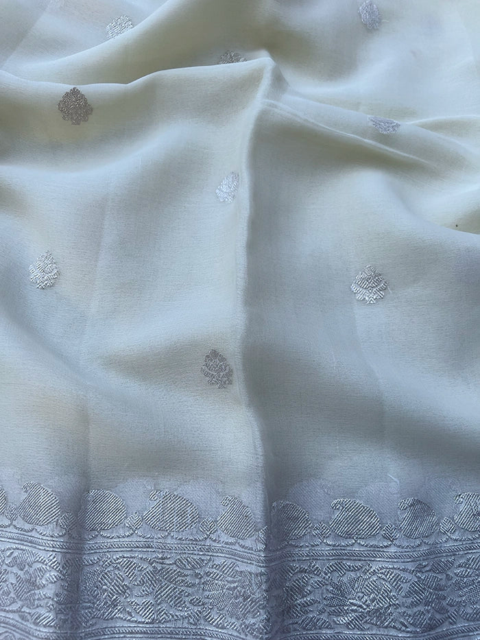 KHADDI CHIFFON SILVER ZARI KADHUWA SAREE - IVORY-WHITE
